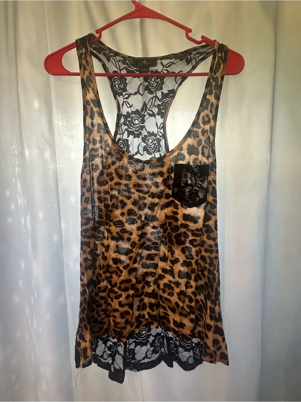 Iris Basic Leopard Print Tank with Black Lace Trim